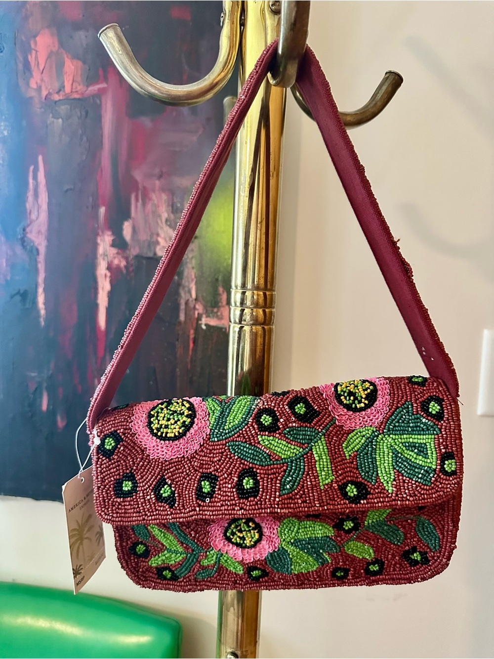 Beaded Floral Shoulder Clutch - Pink & Green